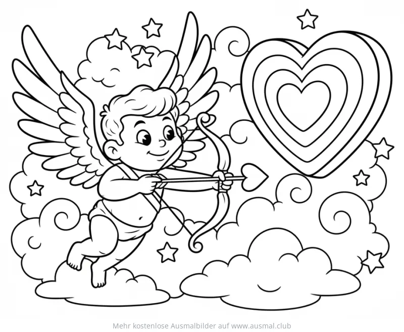 Amor mit Pfeil und Bogen zielt auf Herz Ausmalbild