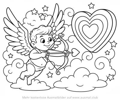 Amor mit Pfeil und Bogen zielt auf Herz Ausmalbild