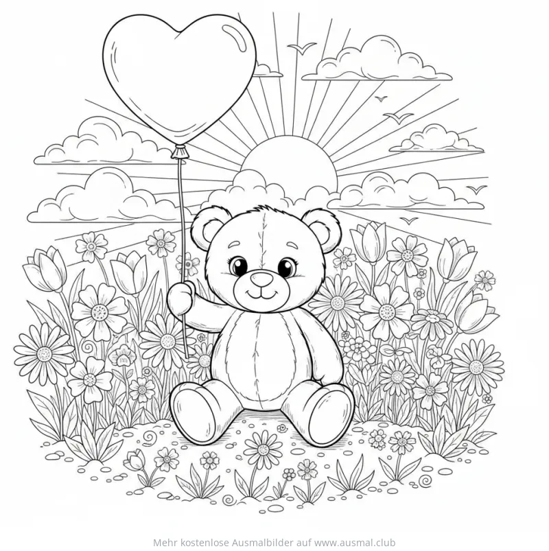 Teddybär mit Herz Luftballon im Blumenfeld Ausmalbild