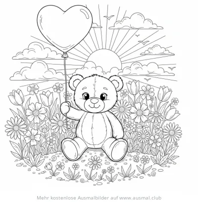 Teddybär mit Herz Luftballon im Blumenfeld Ausmalbild