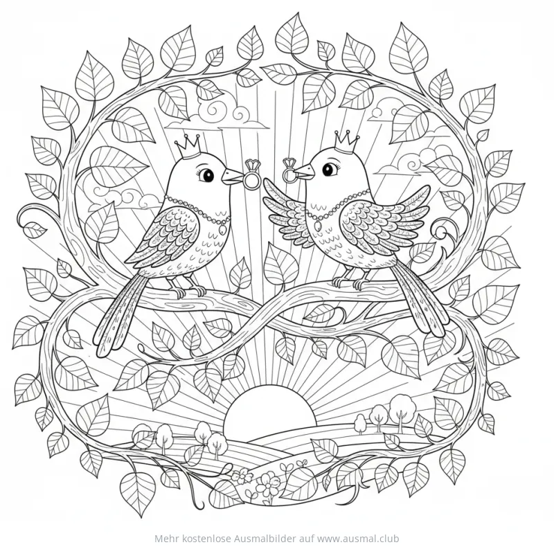 Zwei Vögel mit Ring auf Ast Ausmalbild