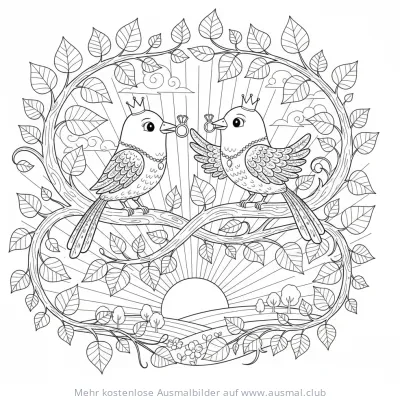 Zwei Vögel mit Ring auf Ast Ausmalbild