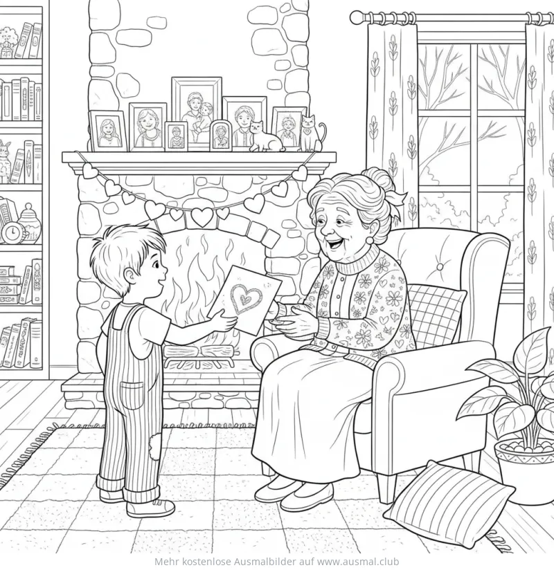 Junge schenkt Oma ein selbstgemaltes Herzbild Ausmalbild