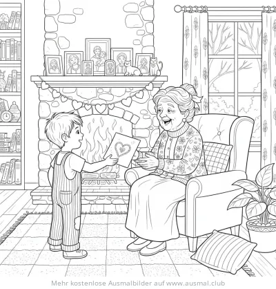 Junge schenkt Oma ein selbstgemaltes Herzbild Ausmalbild