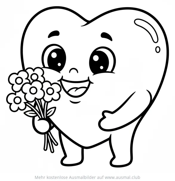 Freundliches Herz mit Blumenstrauß Ausmalbild