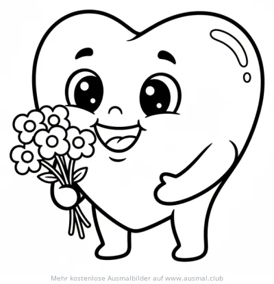 Freundliches Herz mit Blumenstrauß Ausmalbild