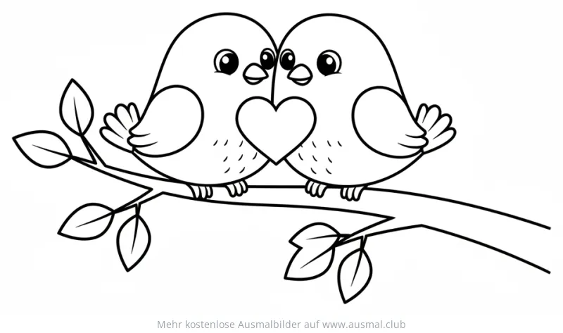 Zwei Vögel mit Herz auf einem Ast Ausmalbild