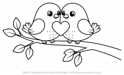Zwei Vögel mit Herz auf einem Ast Ausmalbild