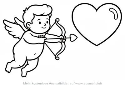 Amor zielt mit Pfeil und Bogen auf ein Herz Ausmalbild