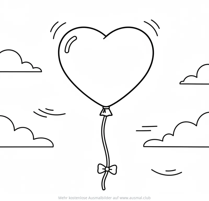 Herz Ballon Ausmalbild mit Wolken