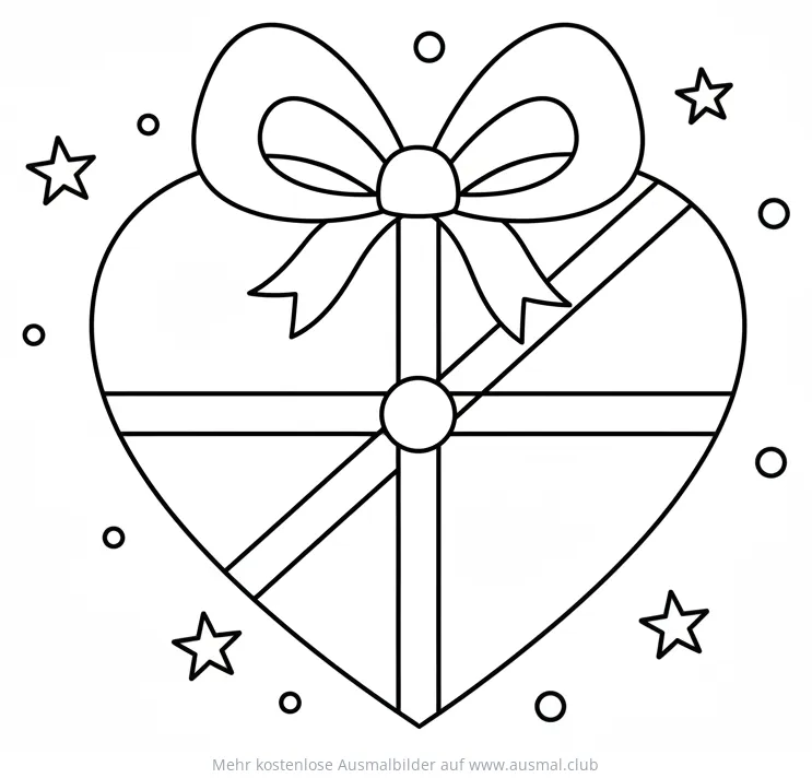 Herzförmiges Geschenk mit Schleife und Sternen Ausmalbild