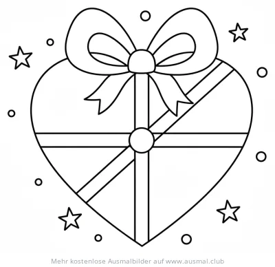 Herzförmiges Geschenk mit Schleife und Sternen Ausmalbild