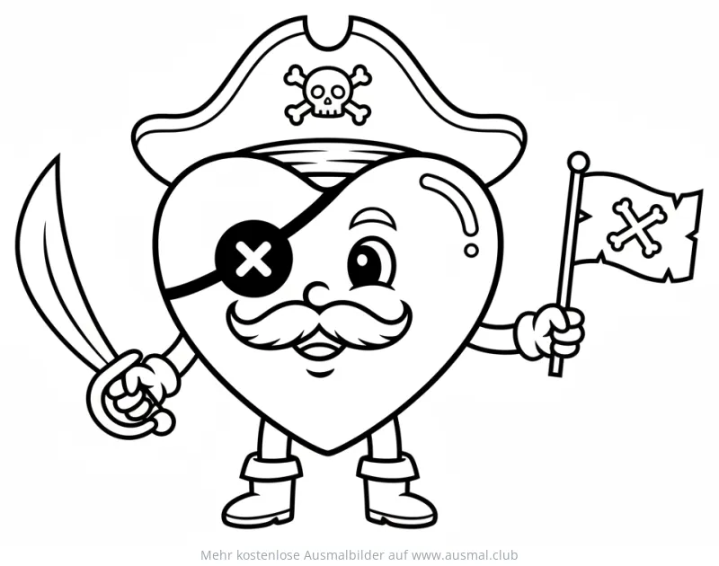 Herz Pirat Ausmalbild mit Augenklappe und Piratenflagge