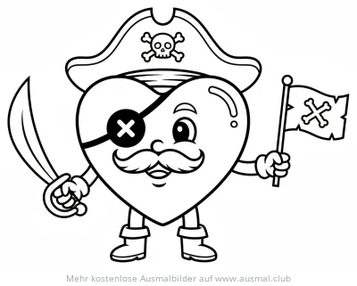 Herz Pirat Ausmalbild mit Augenklappe und Piratenflagge