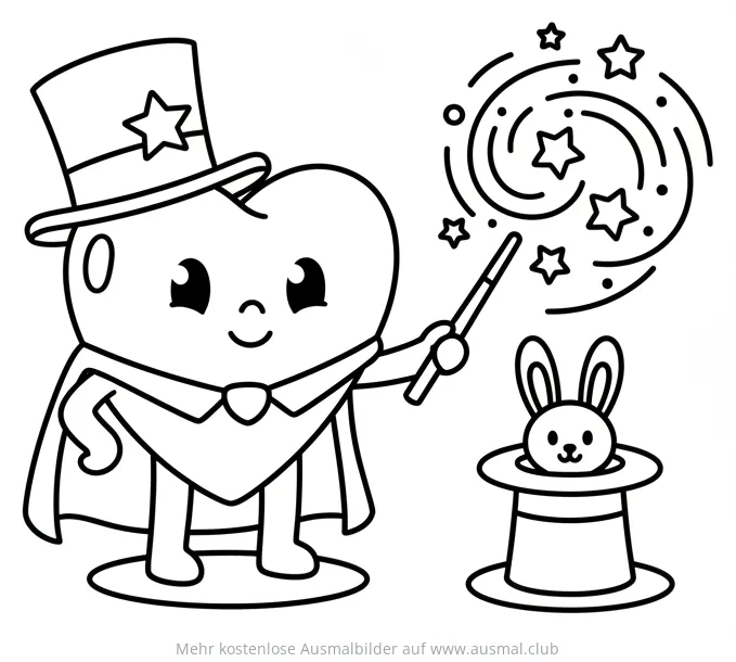 Herz als Zauberer mit Zauberstab und Kaninchen im Zylinder Ausmalbild