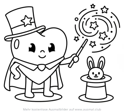 Herz als Zauberer mit Zauberstab und Kaninchen im Zylinder Ausmalbild