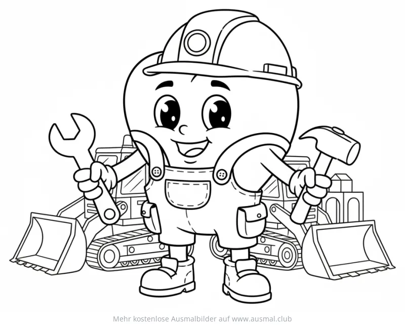 Herz als Bauarbeiter mit Werkzeug und Baggern Ausmalbild