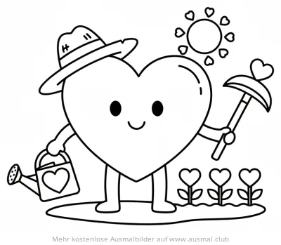 Herz als Bauer mit Gießkanne und Schaufel Ausmalbild
