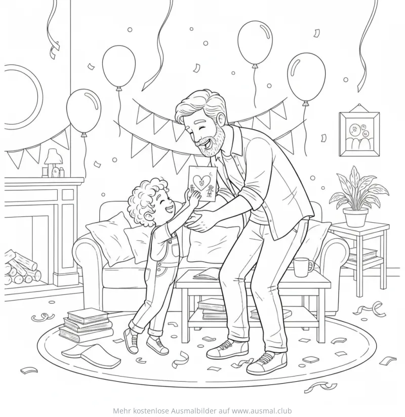 Vater bekommt Vatertagskarte von Kind Ausmalbild