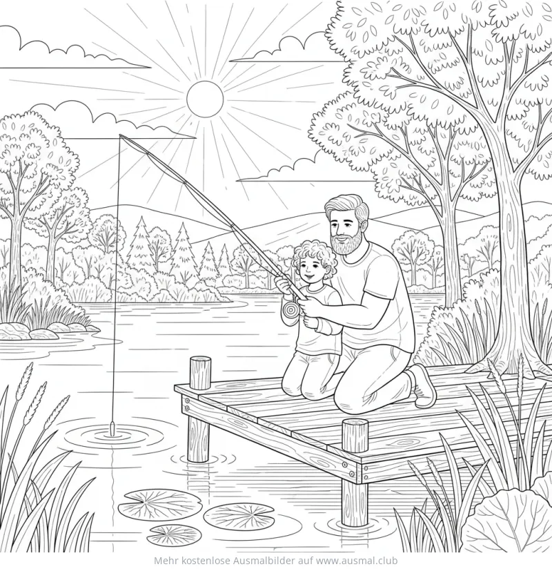 Vater und Sohn angeln gemeinsam vom Steg Ausmalbild