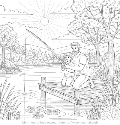Vater und Sohn angeln gemeinsam vom Steg Ausmalbild