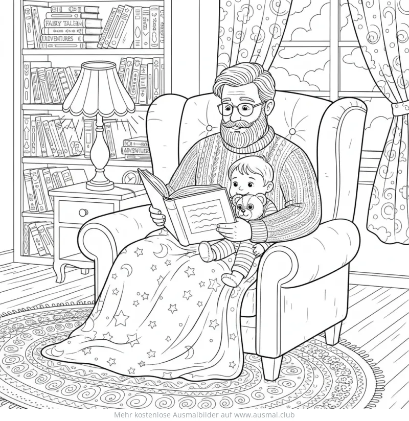 Vater liest Kind mit Teddy im Sessel vor Ausmalbild