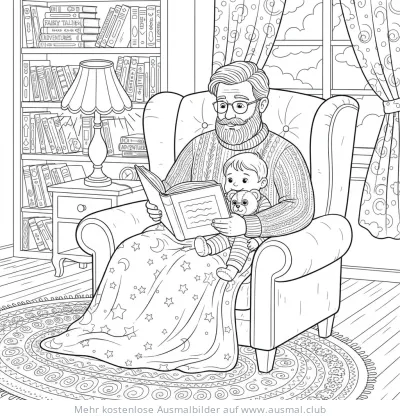 Vater liest Kind mit Teddy im Sessel vor Ausmalbild
