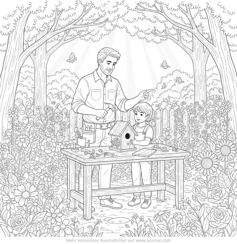 Vater und Kind bauen Vogelhaus Ausmalbild