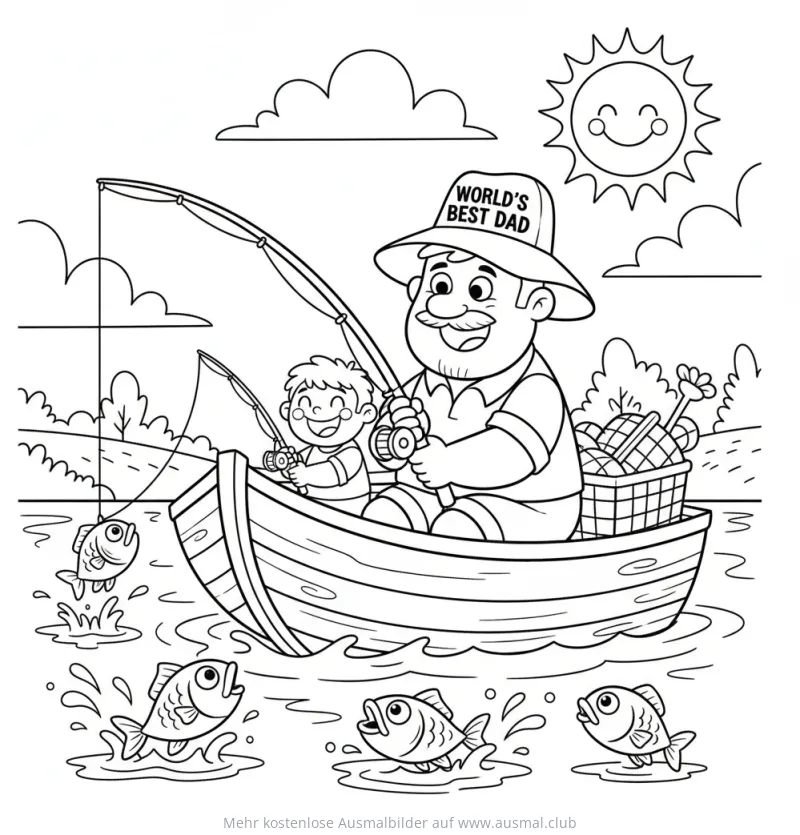 Vater und Sohn Angeln im Boot Ausmalbild für Vatertag