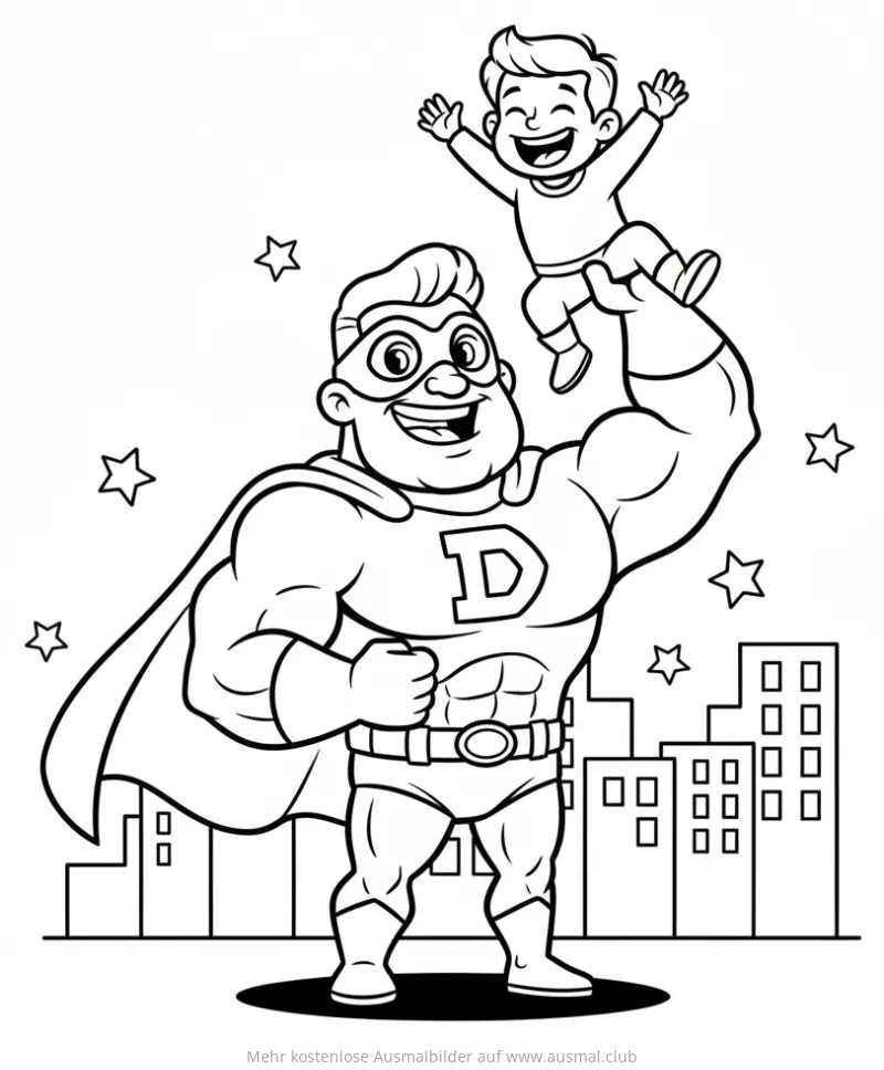 Superheld Papa hält Kind hoch Ausmalbild