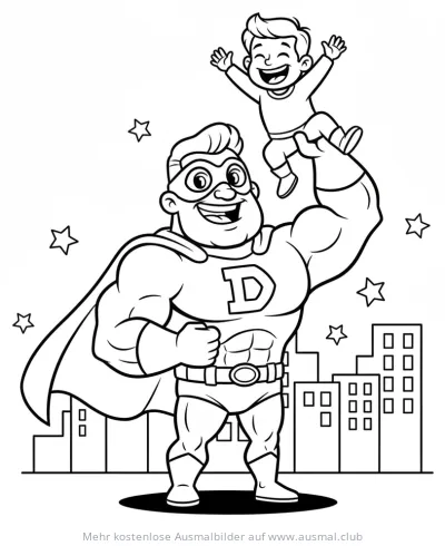 Superheld Papa hält Kind hoch Ausmalbild