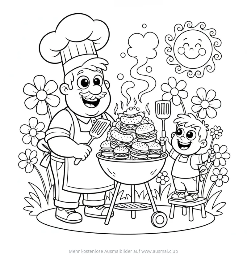 Vater und Sohn grillen Burger und Hotdogs Ausmalbild