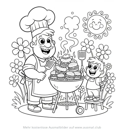 Vater und Sohn grillen Burger und Hotdogs Ausmalbild