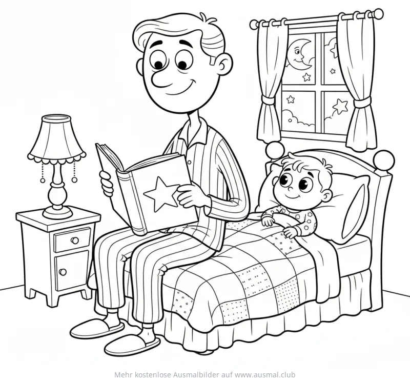 Vater liest Sohn eine Gute-Nacht-Geschichte vor Ausmalbild