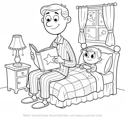 Vater liest Sohn eine Gute-Nacht-Geschichte vor Ausmalbild