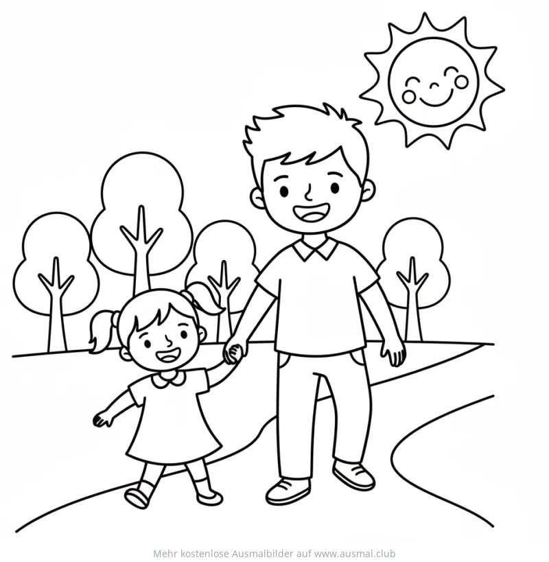 Vater und Tochter spazieren im Park Ausmalbild