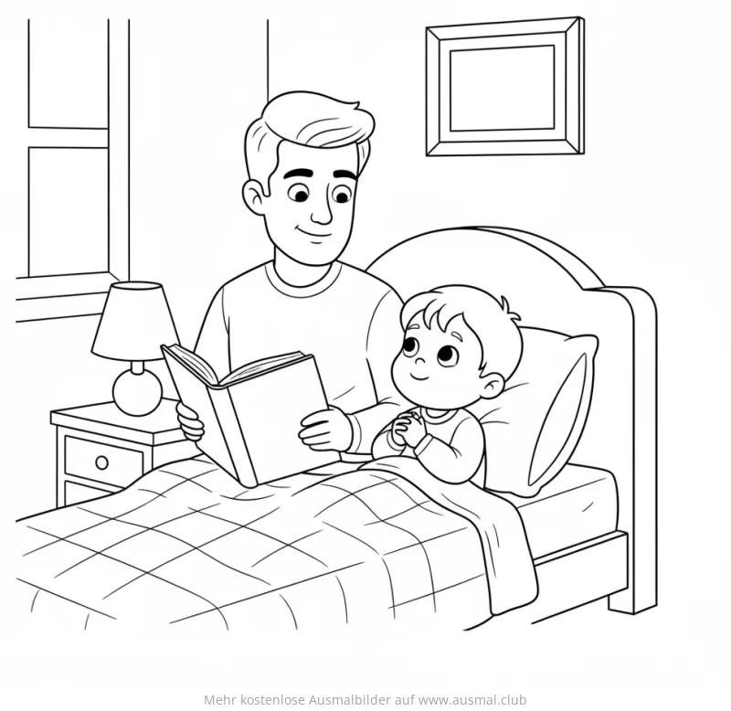 Vater liest Sohn im Bett vor Ausmalbild