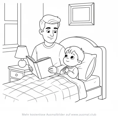 Vater liest Sohn im Bett vor Ausmalbild