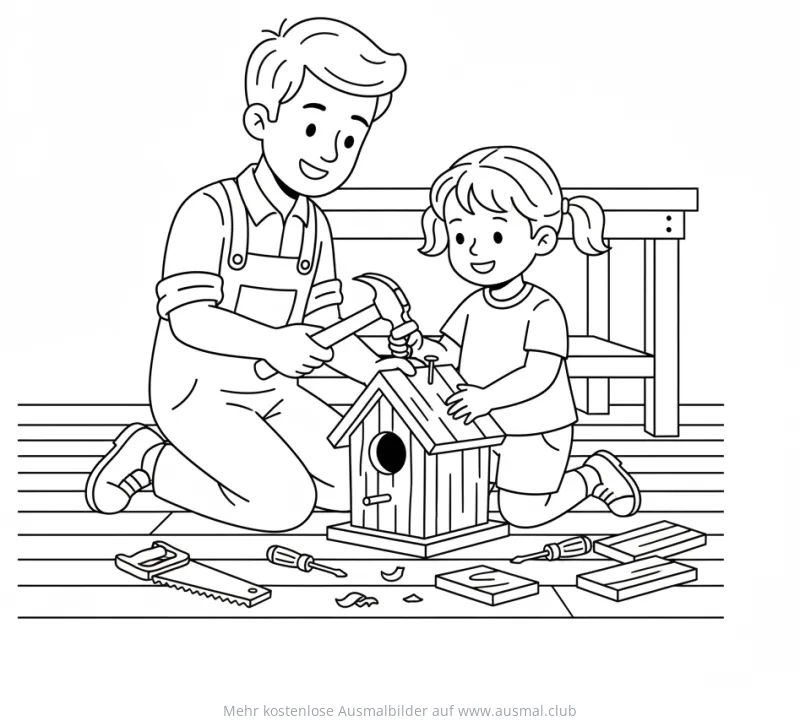 Vater und Tochter bauen Vogelhaus Ausmalbild