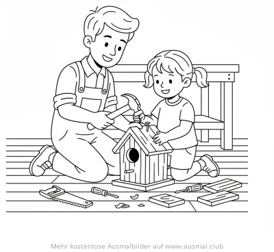 Vater und Tochter bauen Vogelhaus Ausmalbild