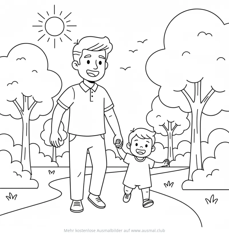 Vater und Kind spazieren Hand in Hand im Park Ausmalbild