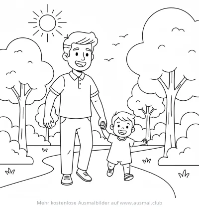 Vater und Kind spazieren Hand in Hand im Park Ausmalbild