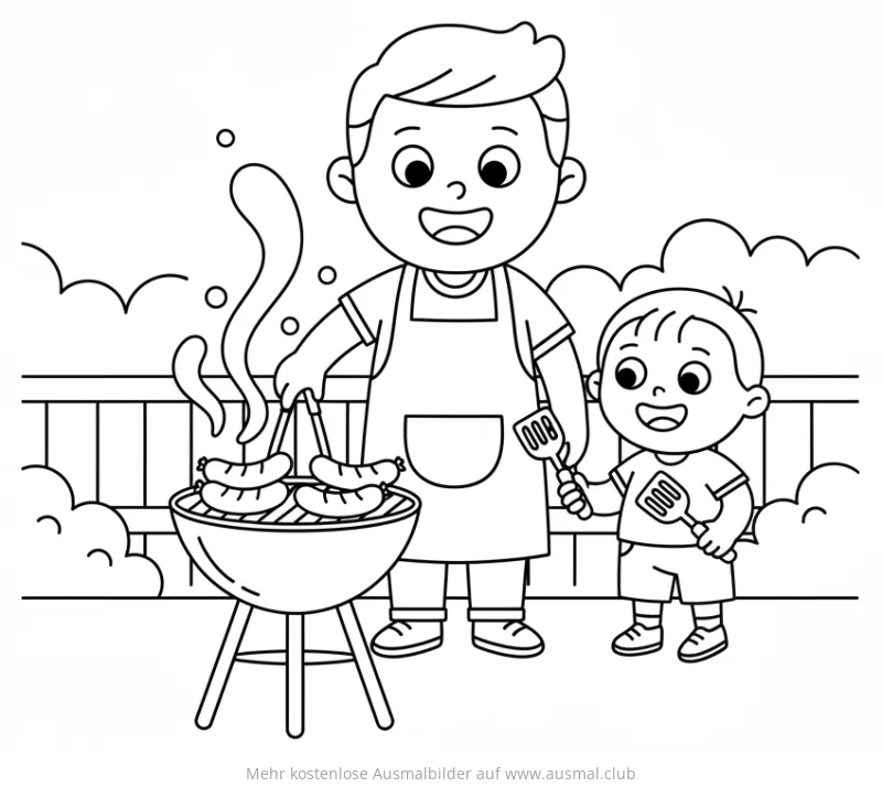 Vater und Sohn grillen Würstchen Ausmalbild
