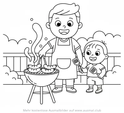 Vater und Sohn grillen Würstchen Ausmalbild