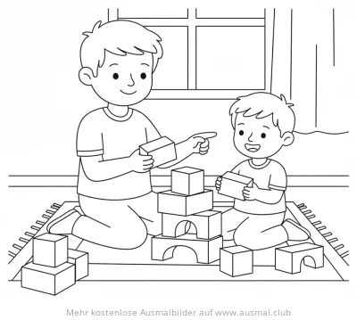 Vater und Sohn bauen Turm aus Bauklötzen Ausmalbild