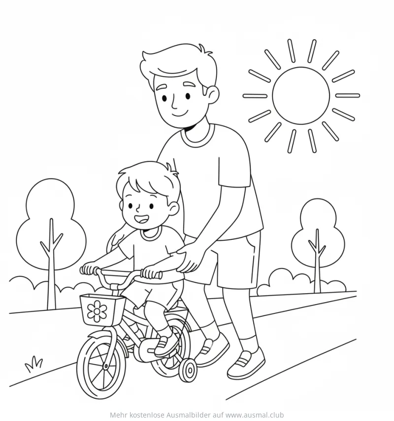 Vater hilft Sohn beim Fahrradfahren lernen Ausmalbild
