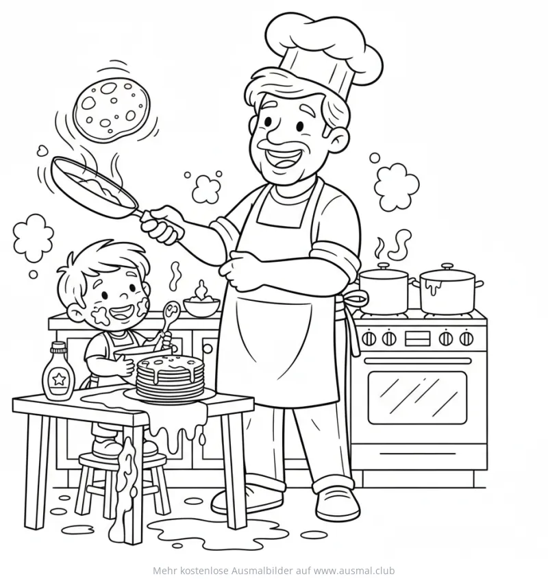 Vater und Sohn backen Pfannkuchen Ausmalbild