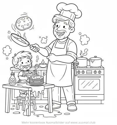 Vater und Sohn backen Pfannkuchen Ausmalbild