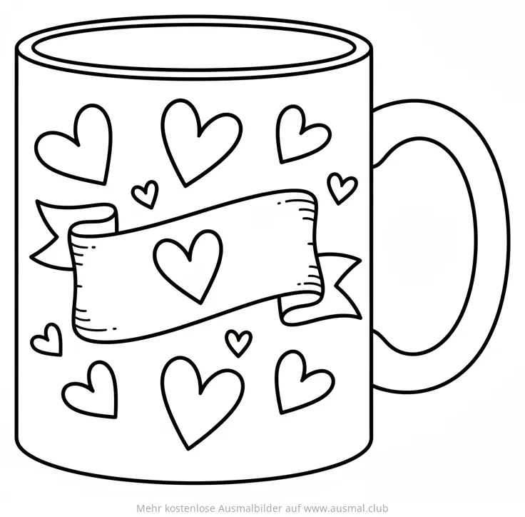 Tasse mit Herzen und Banner Ausmalbild
