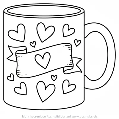 Tasse mit Herzen und Banner Ausmalbild